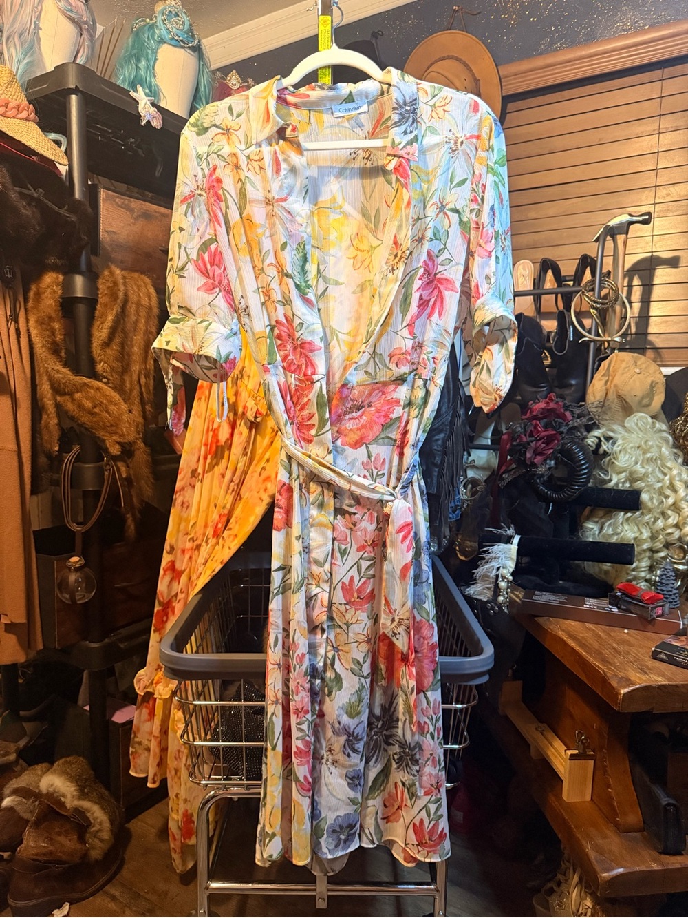 Vintage Calvin Klein Floral Wrap Midi Dress - White Multicolor
